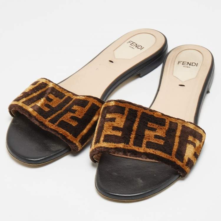 Fendi Black/Brown Zucca Velvet Slide Flats Size 37 Fendi | TLC