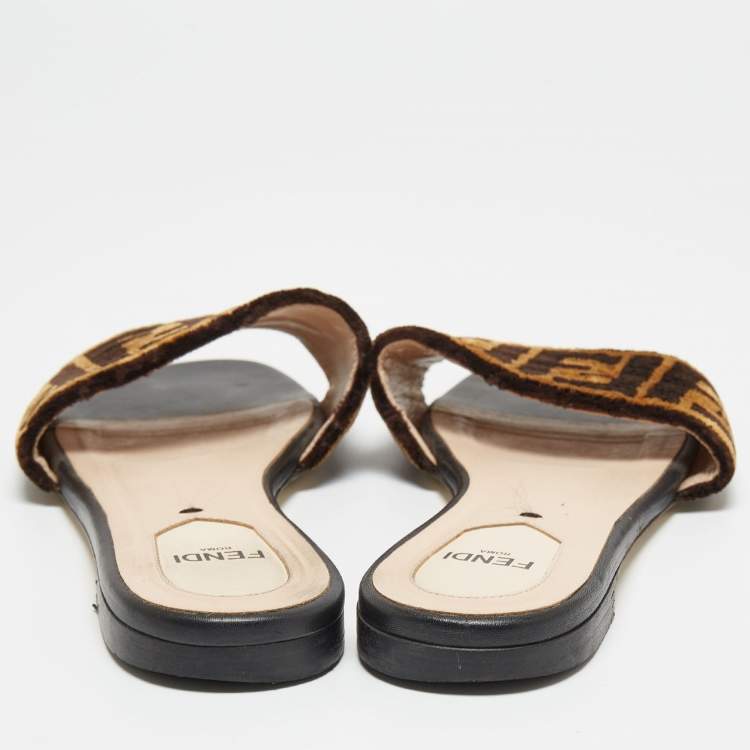 Pre Owned Fendi Black/Brown Zucca Velvet Slide Flats Size 37