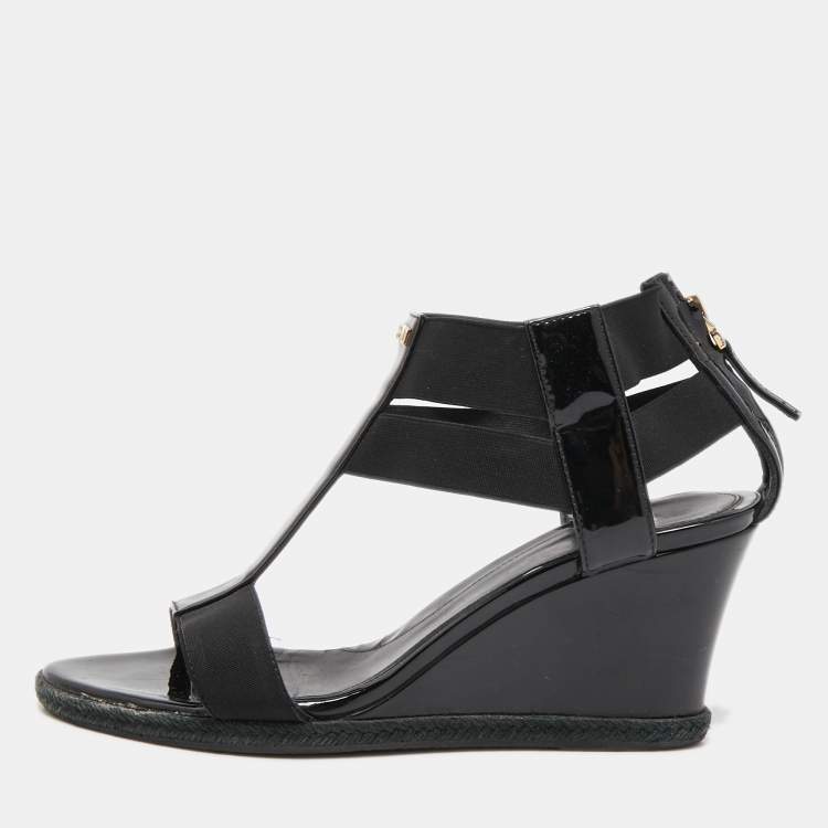 Pre Owned Fendi Black Patent Leather and Elastic T-Strap Espadrille Wedge Sandals Size 36