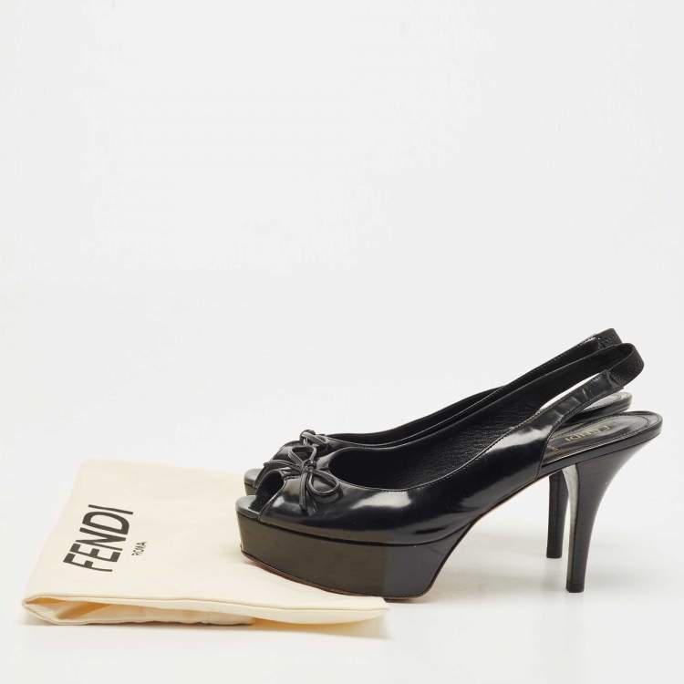 Pre Owned Fendi Black Leather Bow  Peep Toe  Platform Slingback  Pumps Size 41