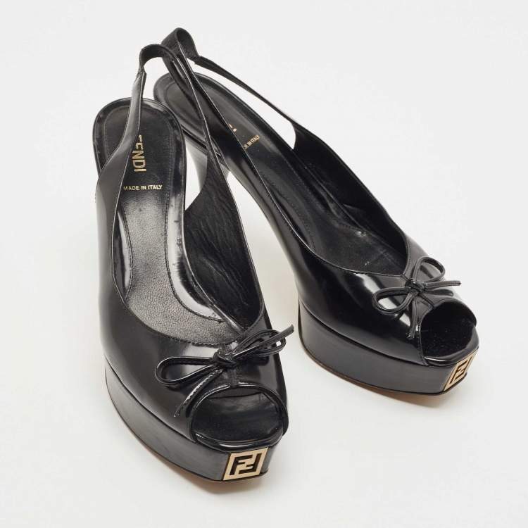Pre Owned Fendi Black Leather Bow  Peep Toe  Platform Slingback  Pumps Size 41