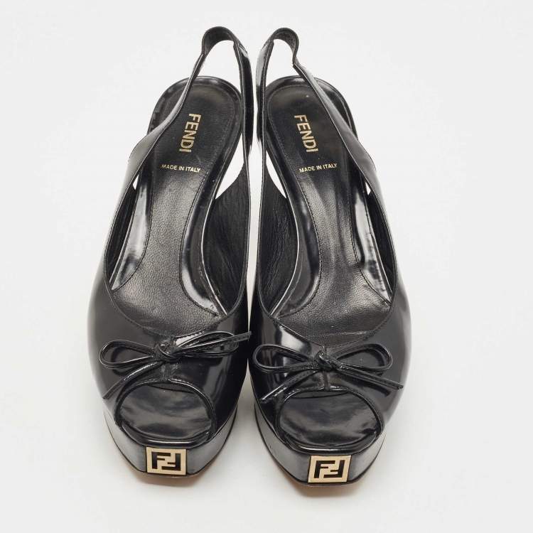 Pre Owned Fendi Black Leather Bow  Peep Toe  Platform Slingback  Pumps Size 41