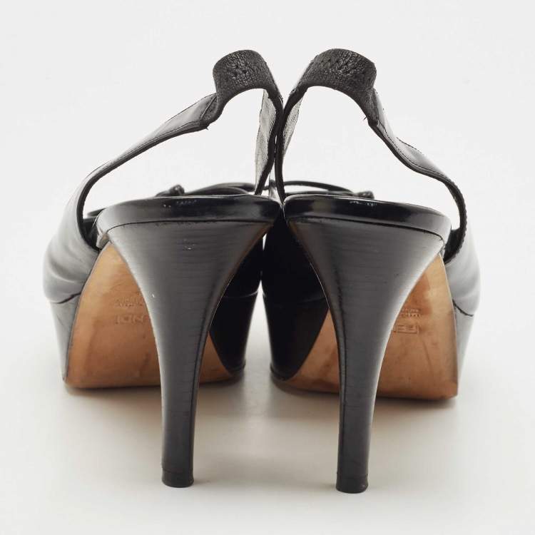 Pre Owned Fendi Black Leather Bow  Peep Toe  Platform Slingback  Pumps Size 41