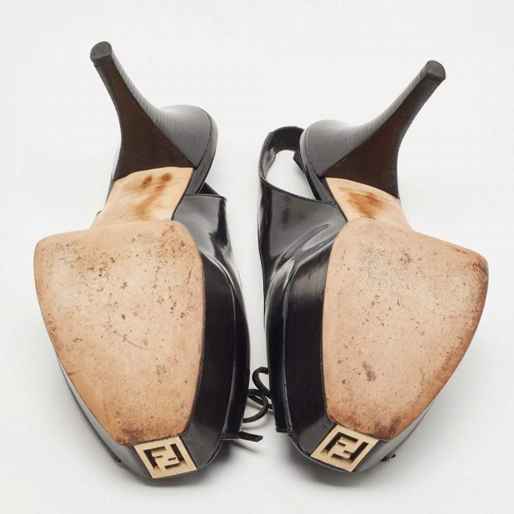 Pre Owned Fendi Black Leather Bow  Peep Toe  Platform Slingback  Pumps Size 41