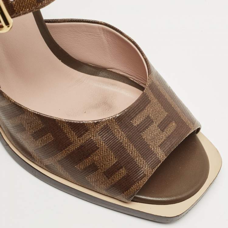 Pre Owned Fendi Brown Zucca Coated Canvas and Leather Motif Logo Ankle Strap Sandals Size 38