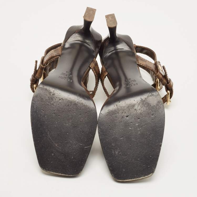 Pre Owned Fendi Brown Zucca Coated Canvas and Leather Motif Logo Ankle Strap Sandals Size 38