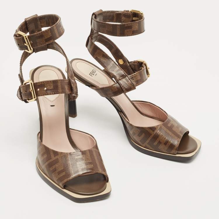 Pre Owned Fendi Brown Zucca Coated Canvas and Leather Motif Logo Ankle Strap Sandals Size 38