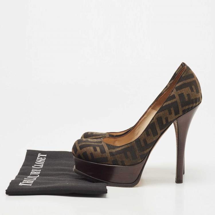 Pre Owned Fendi Brown Zucca Canvas Platform Pumps Size 38