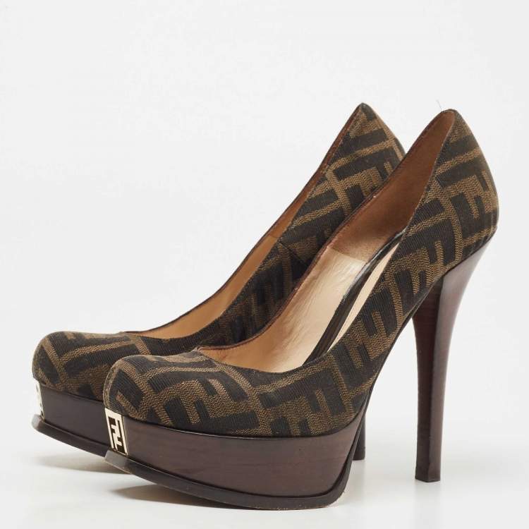Pre Owned Fendi Brown Zucca Canvas Platform Pumps Size 38