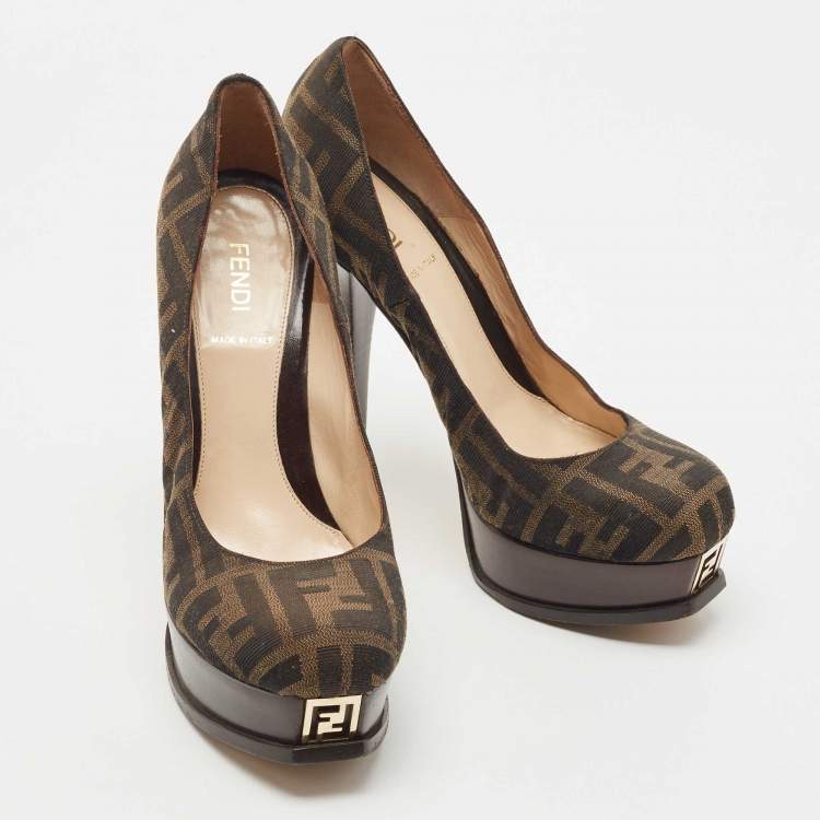 Pre Owned Fendi Brown Zucca Canvas Platform Pumps Size 38