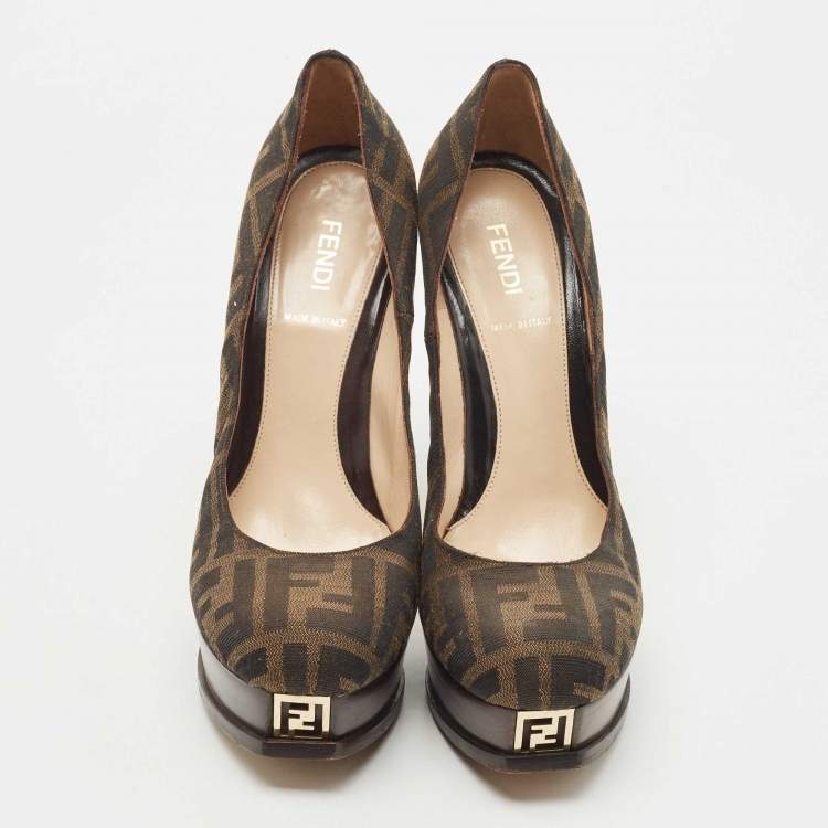 Pre Owned Fendi Brown Zucca Canvas Platform Pumps Size 38
