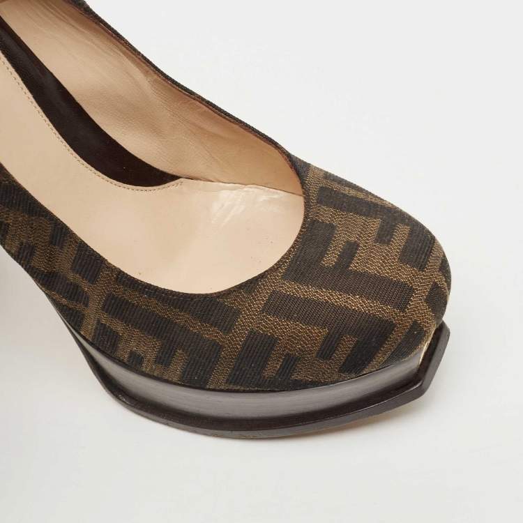 Pre Owned Fendi Brown Zucca Canvas Platform Pumps Size 38