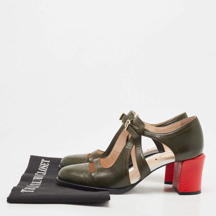Pre Owned Fendi Army Green Leather Chameleon Pumps Size 37.5