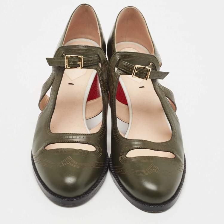 Pre Owned Fendi Army Green Leather Chameleon Pumps Size 37.5
