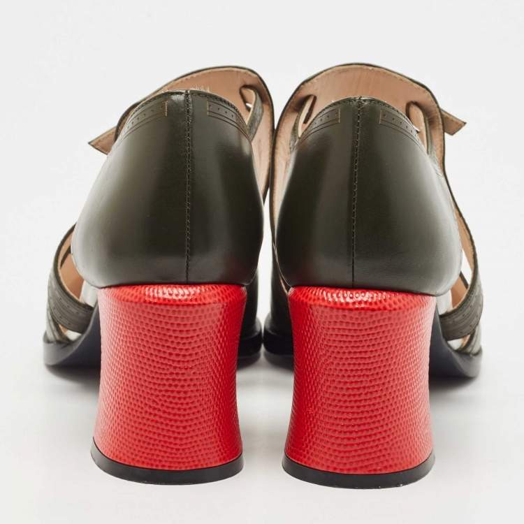 Pre Owned Fendi Army Green Leather Chameleon Pumps Size 37.5
