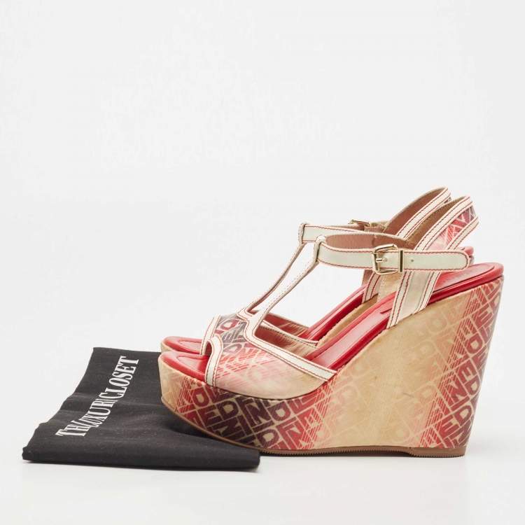 Pre Owned Fendi Tricolor Leather and Logo Print Ombre Canvas T-Strap Wedge Sandals Size 38