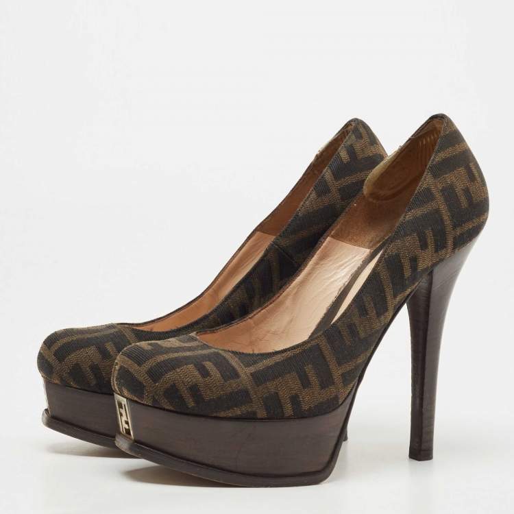 Pre Owned Fendi Brown Zucca Canvas Fendista Platform Pumps Size 37.5
