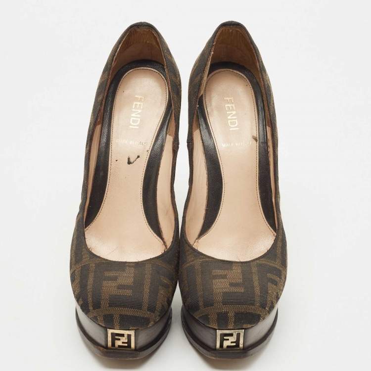 Pre Owned Fendi Brown Zucca Canvas Fendista Platform Pumps Size 37.5