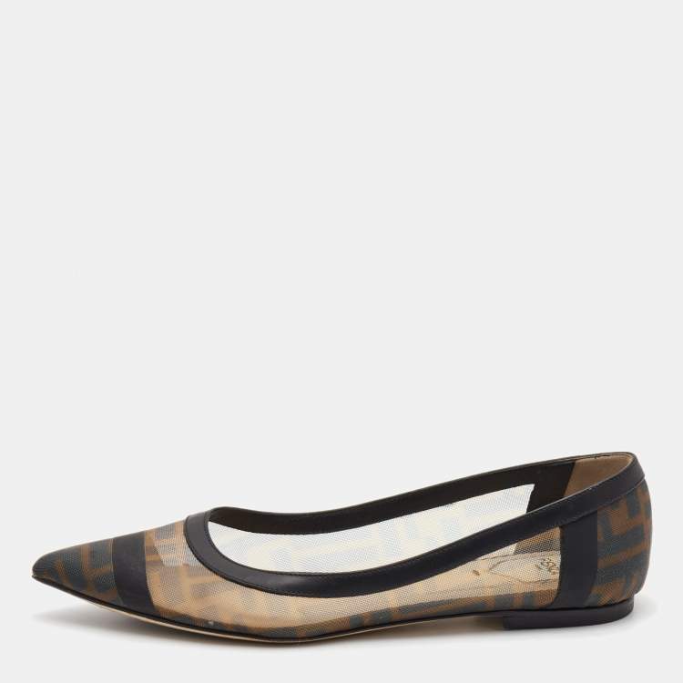 مملوكة مسبقًا Fendi Brown/Black Zucca Mesh and Leather Colibri Ballet Flats Size 37