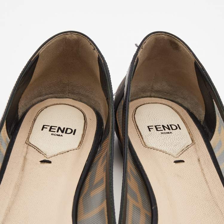 مملوكة مسبقًا Fendi Brown/Black Zucca Mesh and Leather Colibri Ballet Flats Size 37