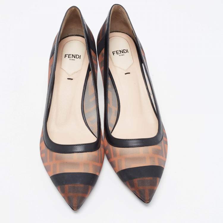 Pre Owned Fendi Black/Brown Mesh And Leather Trim Colibri Pointed Toe Pumps Size 37