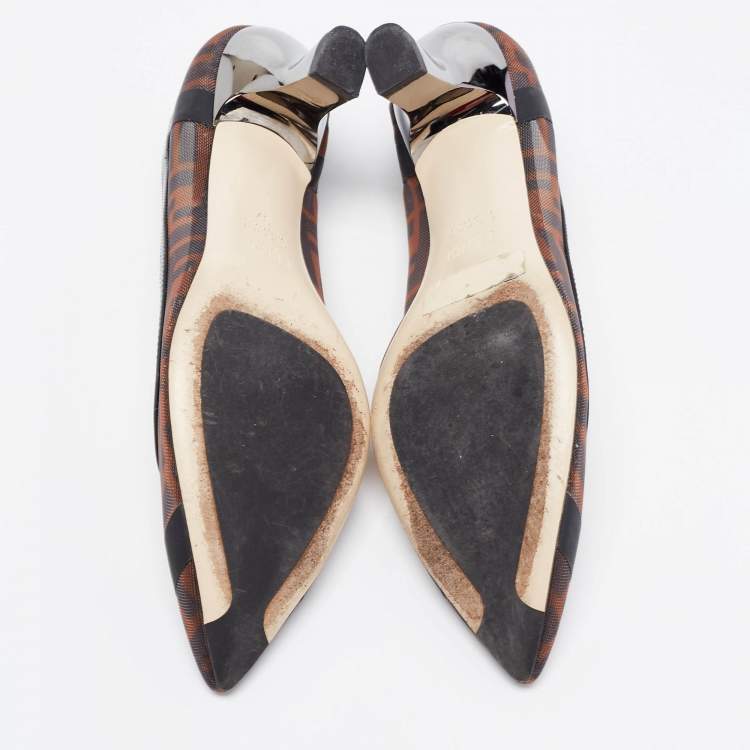 Pre Owned Fendi Black/Brown Mesh And Leather Trim Colibri Pointed Toe Pumps Size 37