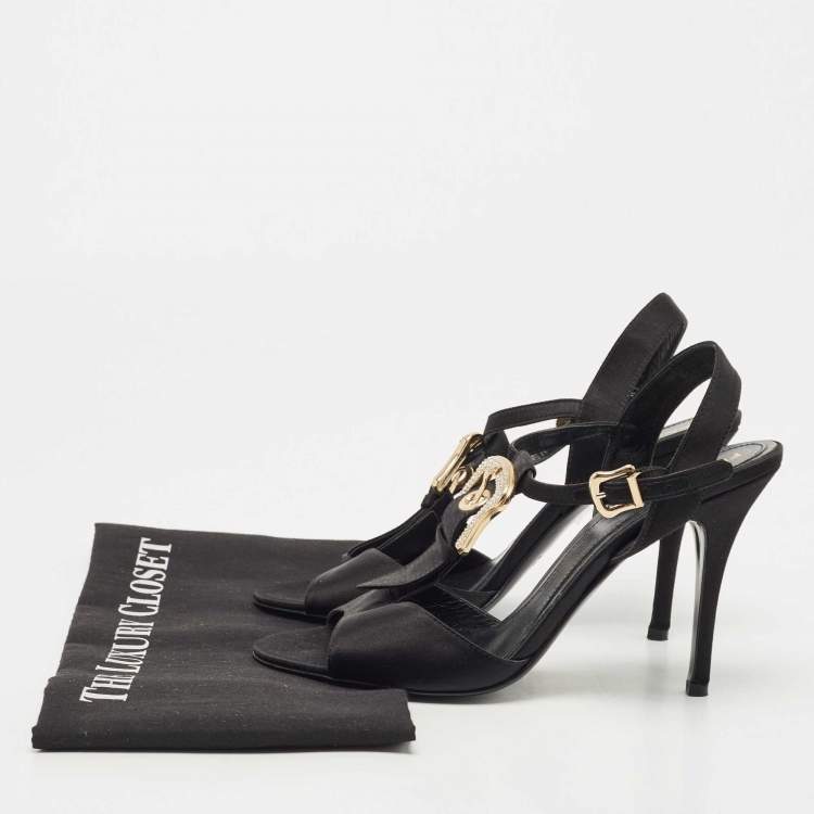 Pre Owned Fendi Black Satin Crystal Embellished Buckle T-Strap Sandals Size 39