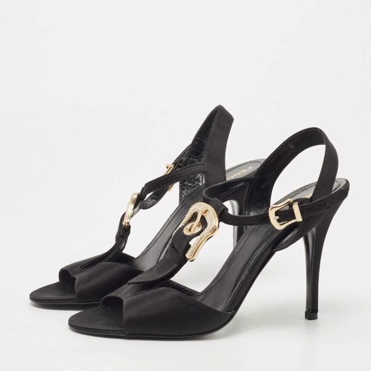 Pre Owned Fendi Black Satin Crystal Embellished Buckle T-Strap Sandals Size 39