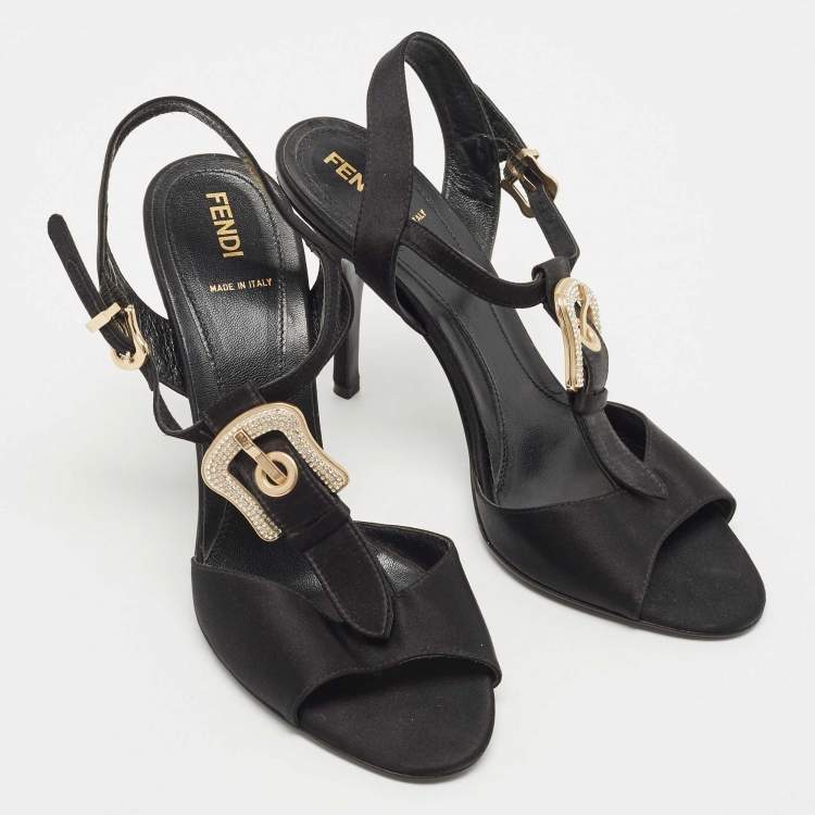 Pre Owned Fendi Black Satin Crystal Embellished Buckle T-Strap Sandals Size 39