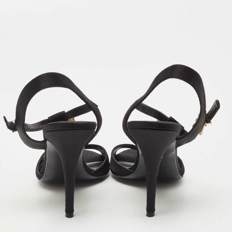 Pre Owned Fendi Black Satin Crystal Embellished Buckle T-Strap Sandals Size 39