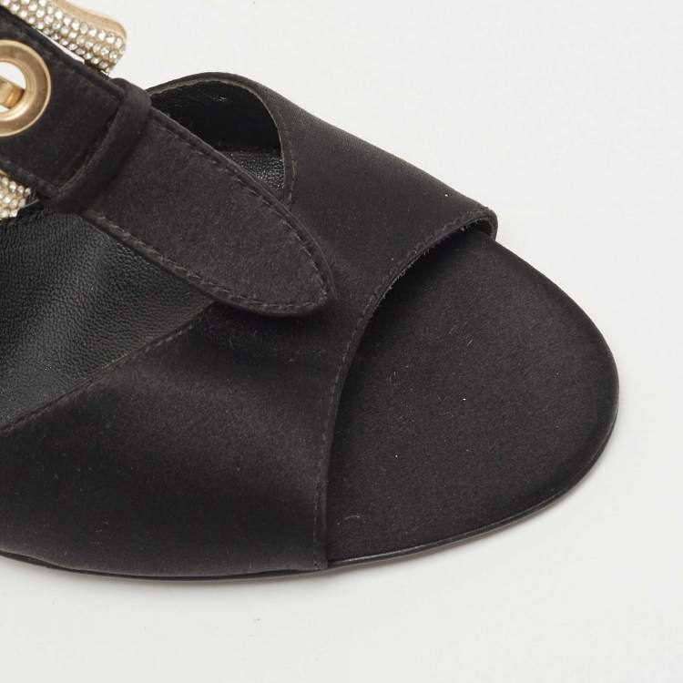 Pre Owned Fendi Black Satin Crystal Embellished Buckle T-Strap Sandals Size 39
