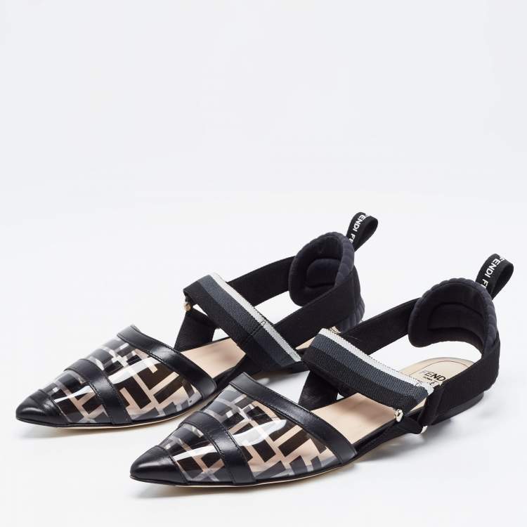Pre Owned Fendi Black PVC and Leather Colibri Slingback Flats Size 36.5