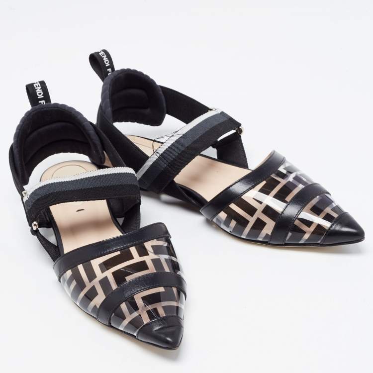Pre Owned Fendi Black PVC and Leather Colibri Slingback Flats Size 36.5