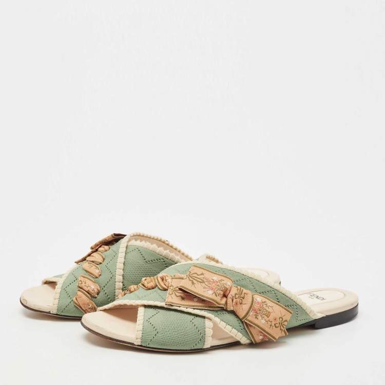 Pre Owned Fendi Beige/Green Fabric Crisscross Bow Flat Slides Size 38