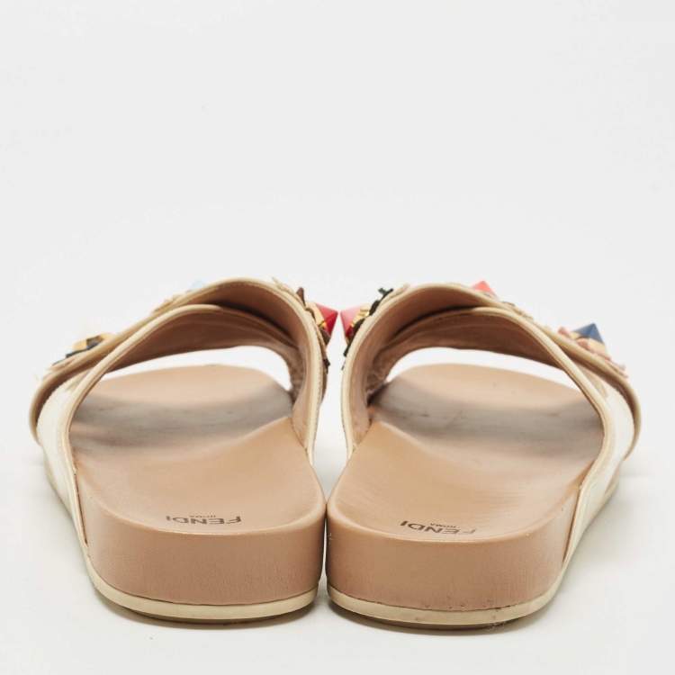 Pre Owned Fendi Beige Patent Leather Flowerland Criss Cross Flat Slides Size 38