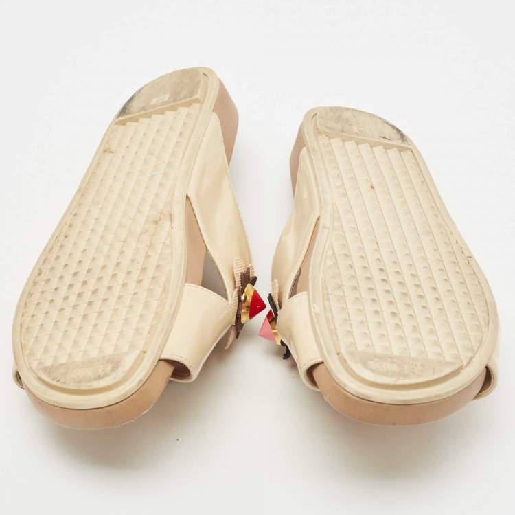 Pre Owned Fendi Beige Patent Leather Flowerland Criss Cross Flat Slides Size 38