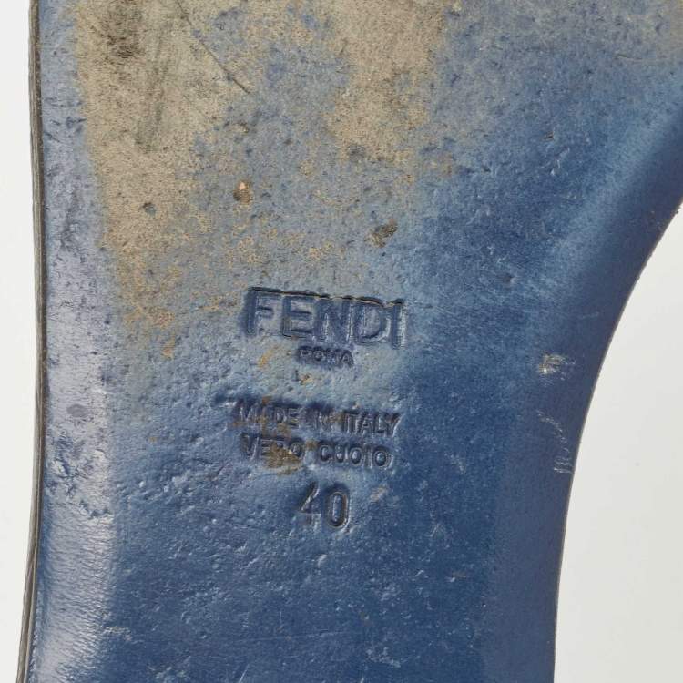 Pre Owned Fendi Brown/Navy Blue Zucca Canvas and Leather Bow Flat Slides Size 40