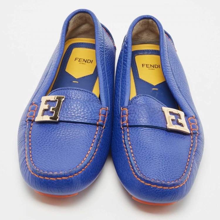 Pre Owned Fendi Blue Leather FF Buckle Slip On Loafers Size 40
