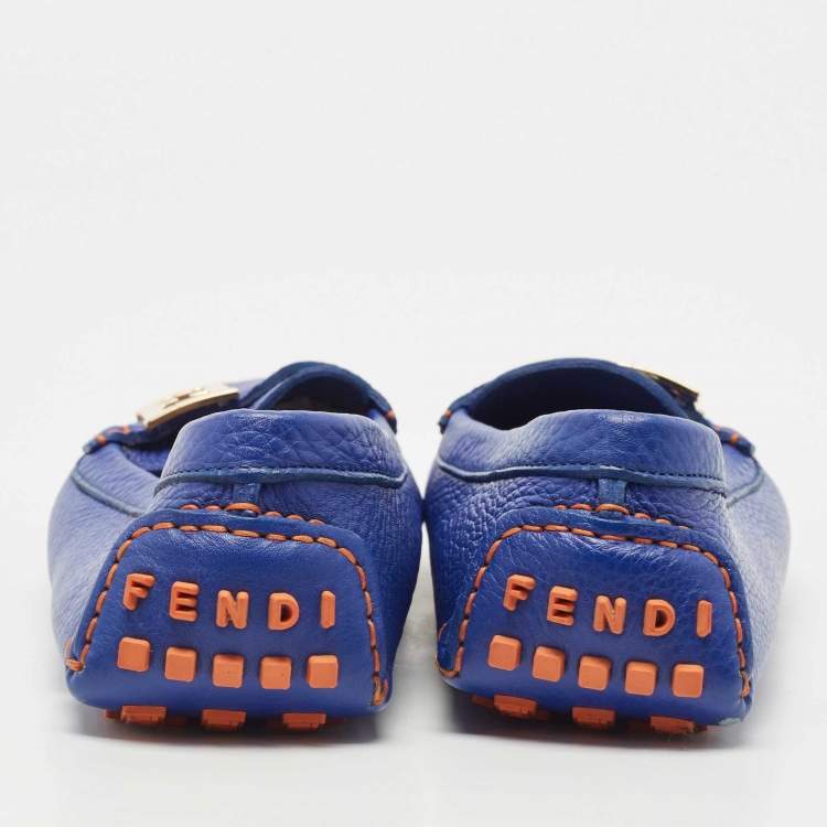 Pre Owned Fendi Blue Leather FF Buckle Slip On Loafers Size 40