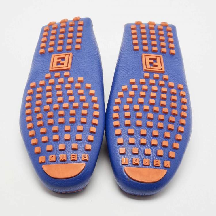 Pre Owned Fendi Blue Leather FF Buckle Slip On Loafers Size 40