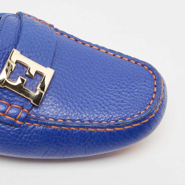 Pre Owned Fendi Blue Leather FF Buckle Slip On Loafers Size 40