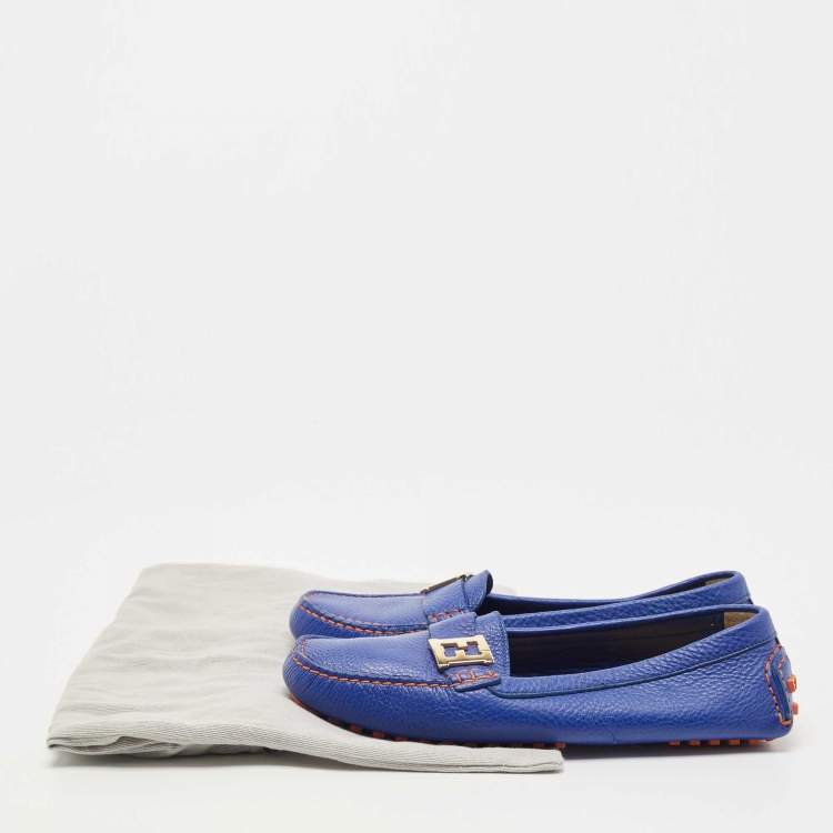 Pre Owned Fendi Blue Leather FF Buckle Slip On Loafers Size 40