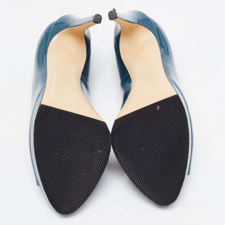 Pre Owned Fendi Teal Patent Leather Peep Toe Platform Pumps Size 36