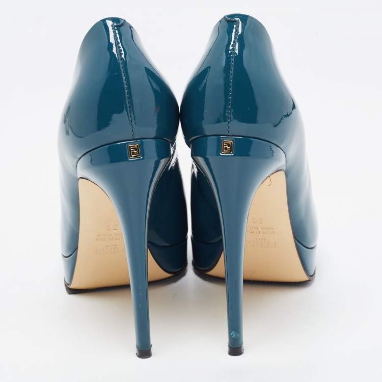 Pre Owned Fendi Teal Patent Leather Peep Toe Platform Pumps Size 36