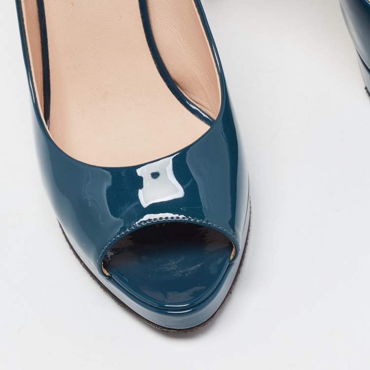 Pre Owned Fendi Teal Patent Leather Peep Toe Platform Pumps Size 36