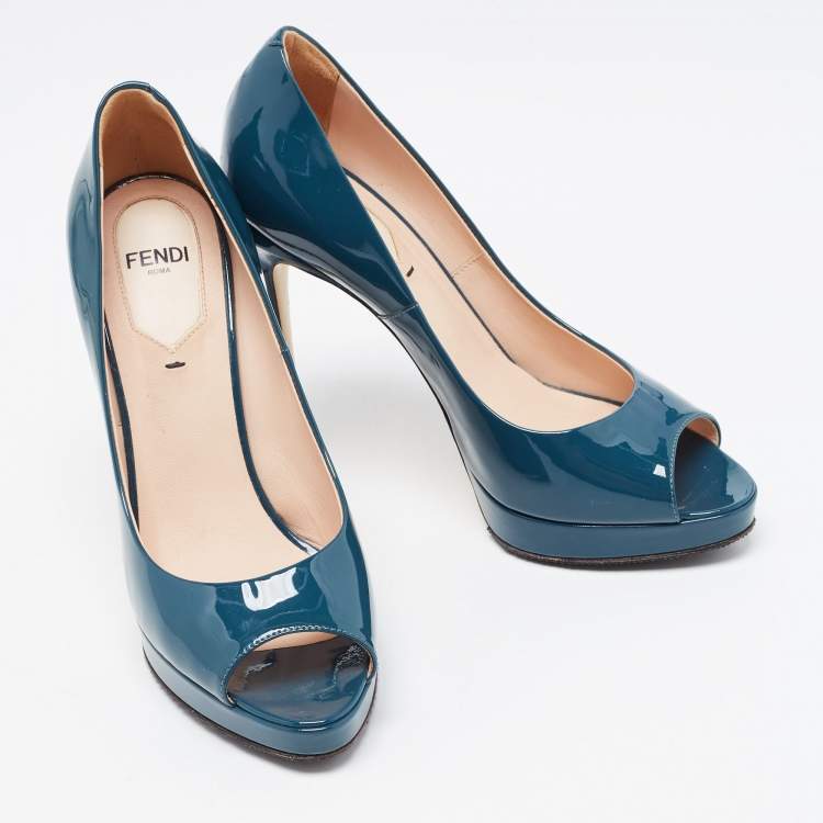 Pre Owned Fendi Teal Patent Leather Peep Toe Platform Pumps Size 36