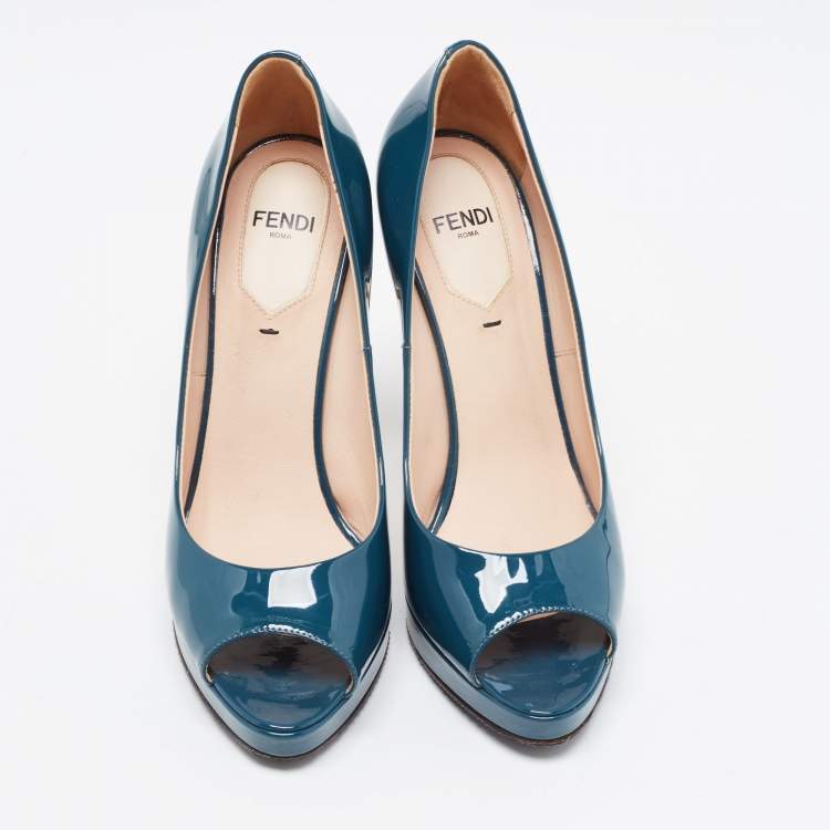 Pre Owned Fendi Teal Patent Leather Peep Toe Platform Pumps Size 36