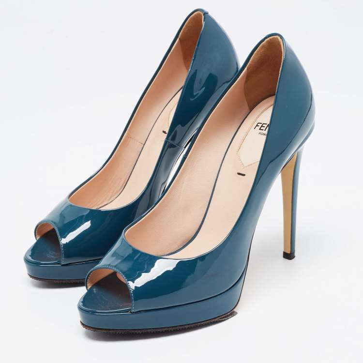 Pre Owned Fendi Teal Patent Leather Peep Toe Platform Pumps Size 36