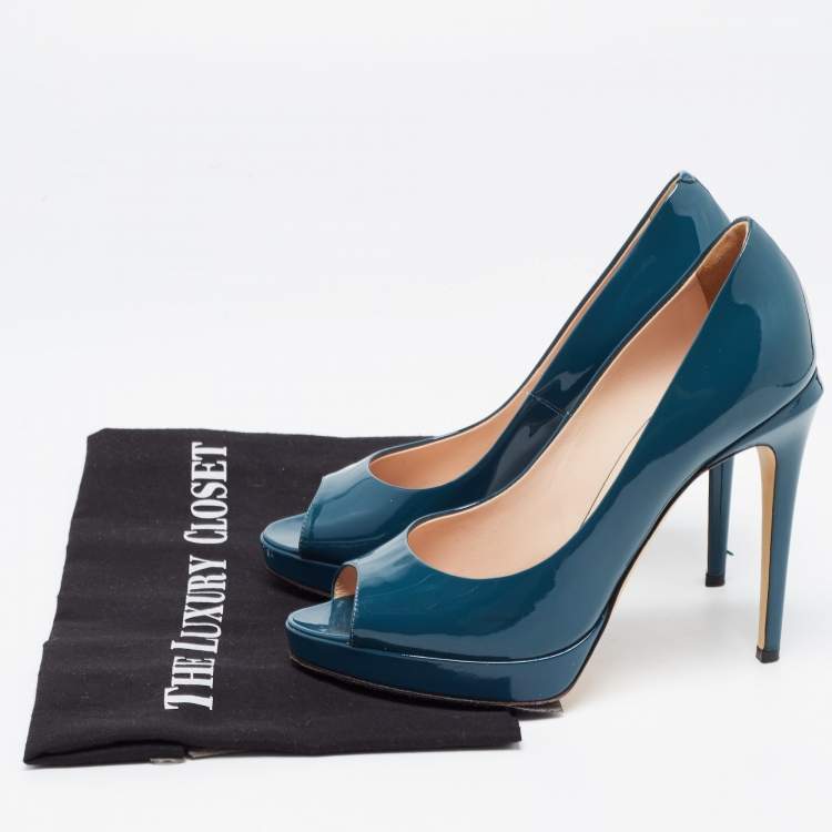 Pre Owned Fendi Teal Patent Leather Peep Toe Platform Pumps Size 36