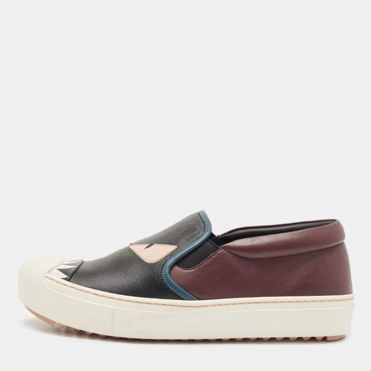 Pre Owned Fendi Tricolour Leather Monster Slip On Sneakers Size 37